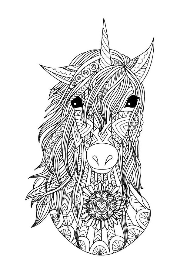 Coloriage zentangle Unicorne ou Unicorne, un beau Coloriage Anti-stress stype Zentangle de haute qualité - iColorify
